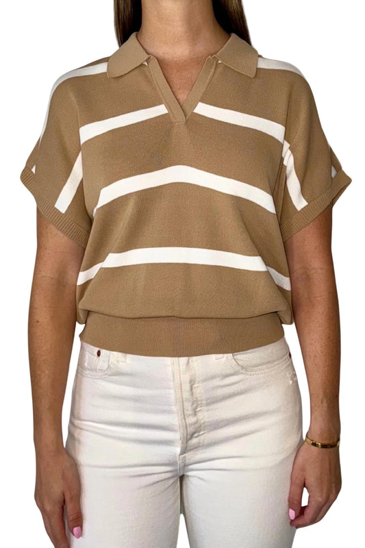 Olivaceous - Collar Ribbed Striped Sweater Top