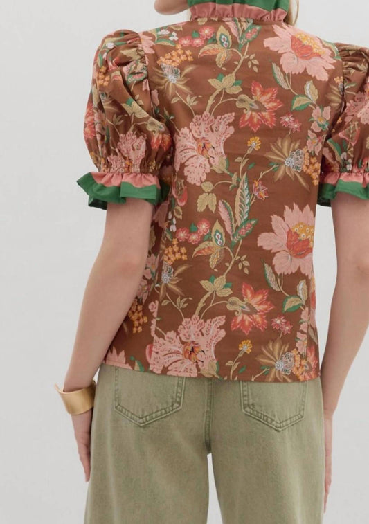 Entro - Floral Print Shoulder Puff Sleeve Top