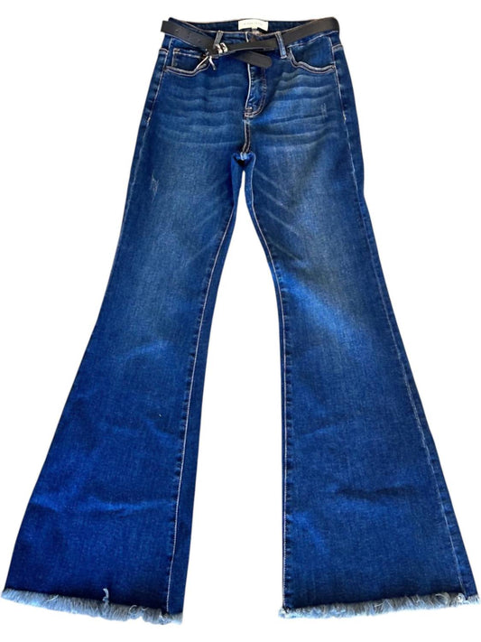 Risen - Women's Tummy Control Flare Frayed Hemmed Jeans With Belt