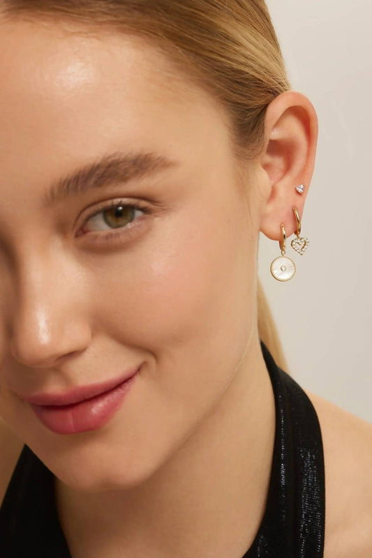 Eklexic - Mini Huggie Hoops With Mop & Cubic Zirconia Drop Earrings