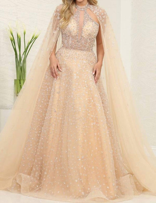 Ladivine - Beaded Illusion Design Sewn-on Cape A Line Glitter Dress