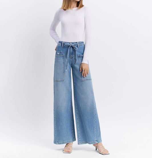 Flying Monkey - High Rise Elastic Tie Waistband Baggy Wide Jeans