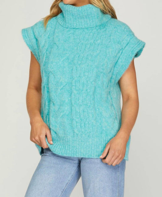 She + Sky - Sleeveless Turtleneck Cable Sweater Top