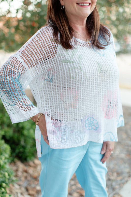 Charlie B - Women's V-Neck Watercolor Printed Fishnet Sweater