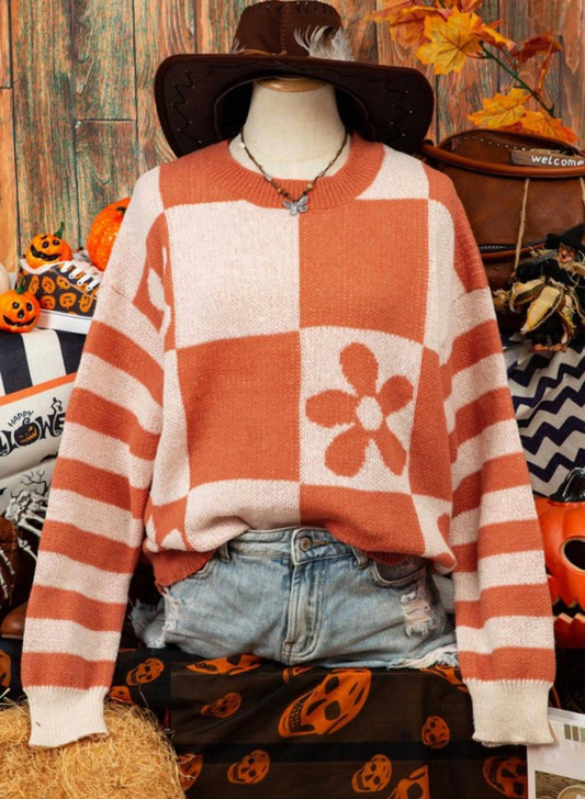 Fashionworks - Women's Check Floral Striped Sweater