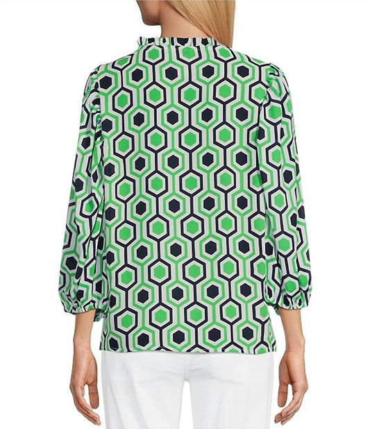 Multiples - Hexagon Print Smocked Neck Top