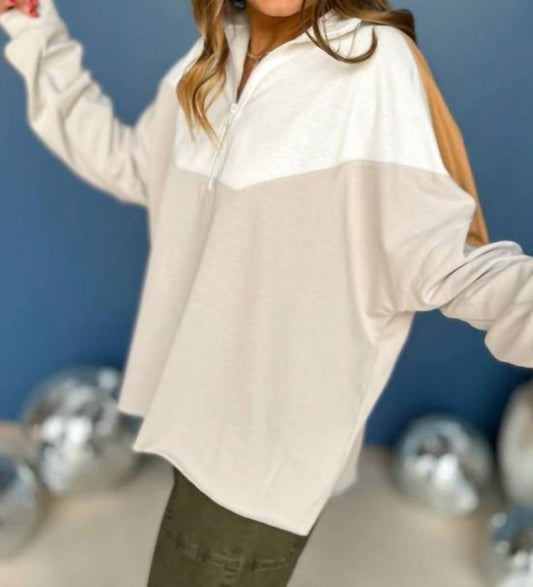 Easel - Neutral Color Block Terry Knit Pullover