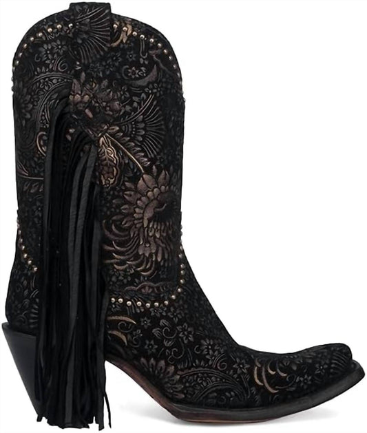 Corral - Stamped Floral Suede And Studs With Fringe Boot