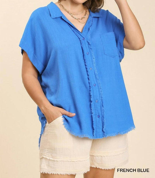 Umgee - Linen Button Front Fray Hem Top - Plus