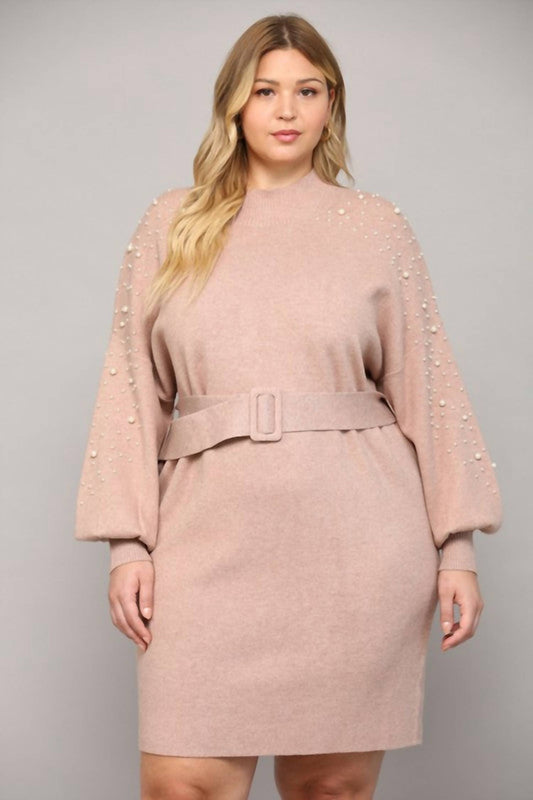 Fate - Pearl Embellished Belted Sweater Dress - Plus