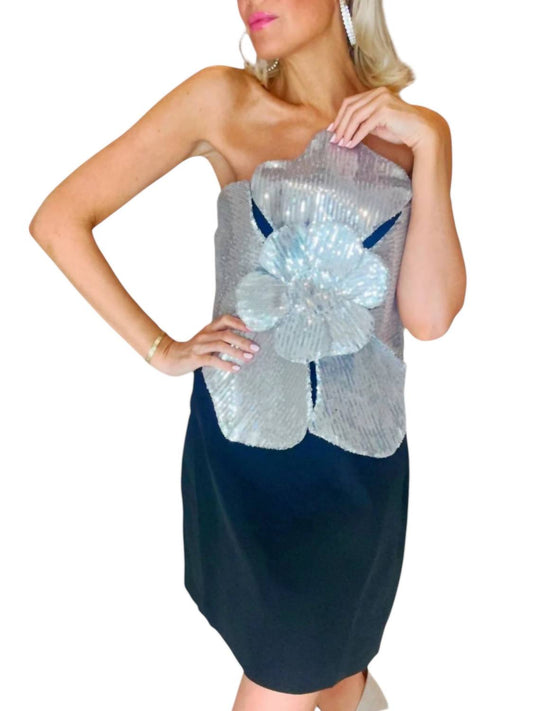 Beulahstyle - Sequin Floral Applique Strapless Mini Dress