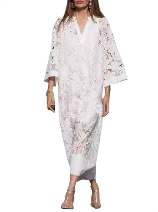 Rosa Clothing - V Neck Bell Sleeve Crochet Floral Dress