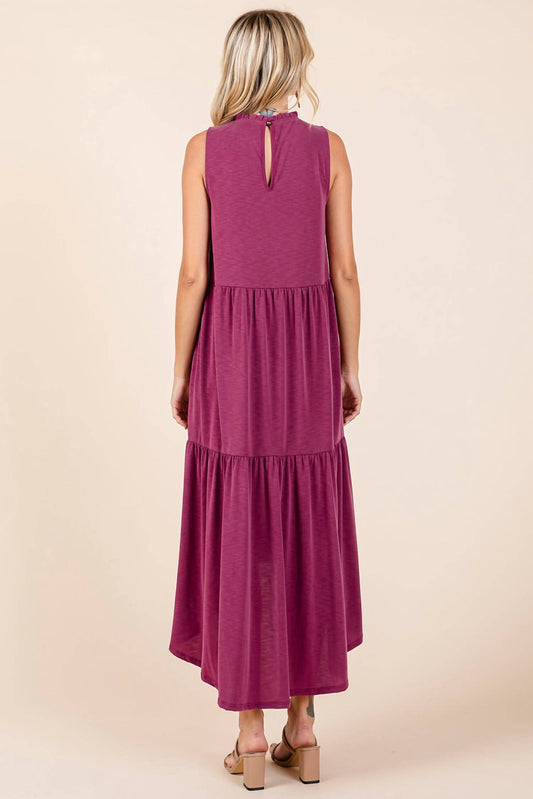 Mittoshop - Ruffle Mock Neck Hi Low Maxi Dress