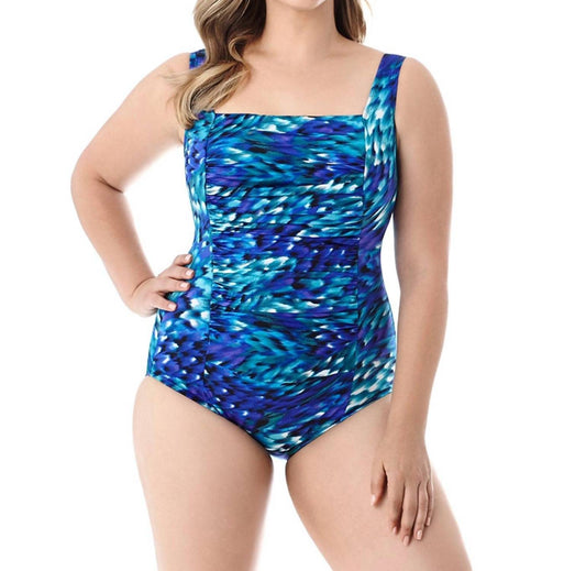 Longitude - Shirred Square Neck One Piece Swimsuit - Plus Size