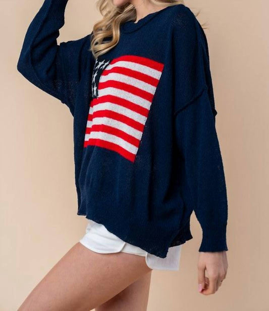White Birch - American Flag Print Lightweight Sweater