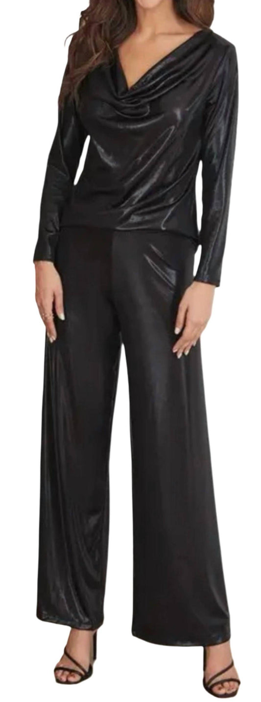 Venti6 - Elastic Waistband Metallic Wide Leg Pants