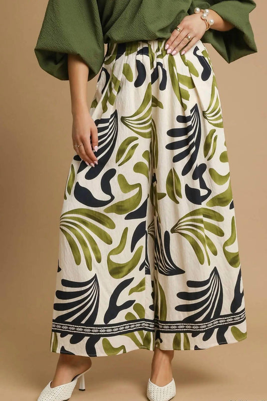Umgee - Tropical Leaf Print Wide Leg Pants