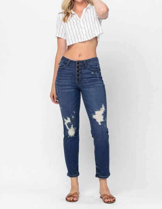 Judy Blue - High Waist Zigzag Button Fly & Destroy Boyfriend Jeans