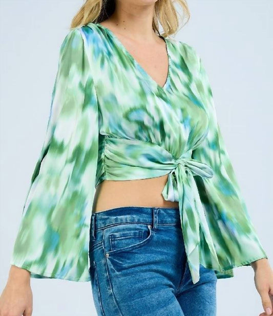 Llove - Bowtie Crop Flare Sleeve Top
