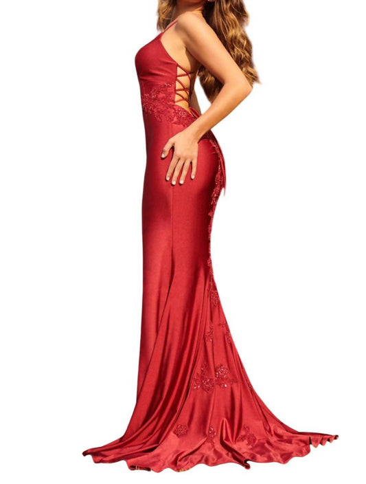 Faviana - V-neck Lace Up Back Long Dress