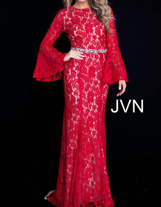 Jovani - Long Bell Sleeve Crystal Embellished Belt Lace Dress