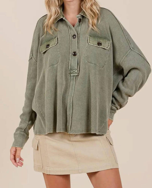 Mittoshop - Mineral Wash Waffle Knit Collared Henley Top