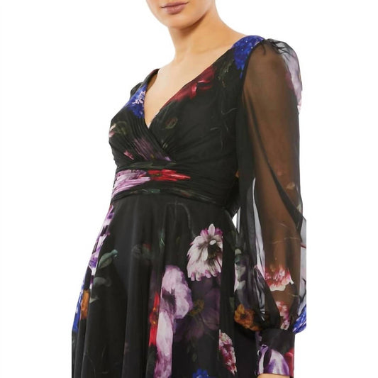 Mac Duggal - Chiffon Bishop Sleeve Floral Print Gown