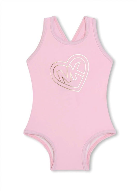 Michael Kors - Girls Monogram Print Swimsuit + Hat Set