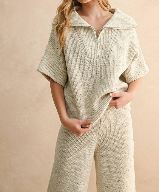 Miou Muse - Half Zip Short Sleeve Knitted Top