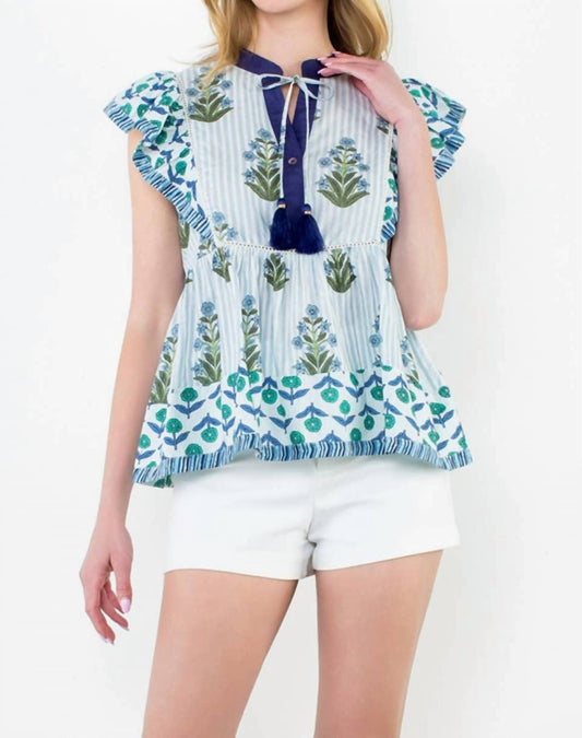Thml - Got The Blues Flutter Sleeve Floral Tassel Tie Top