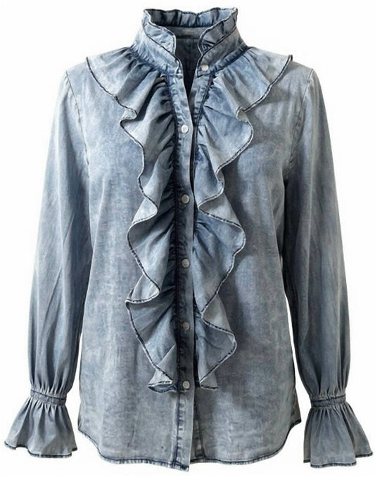 Cezele - Women's Ruffled Button Down Long Sleeve Top