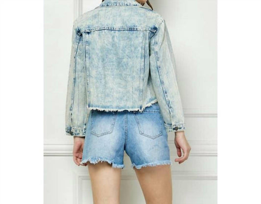 Veveret - Stripe Rhinestone Distressed Denim Jacket