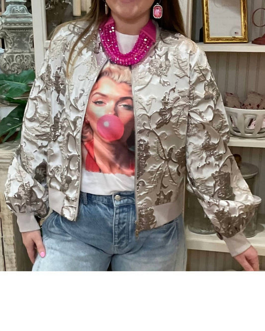 Voy - Long Puff Sleeve Floral Metallic Jacquard Bomber Jacket