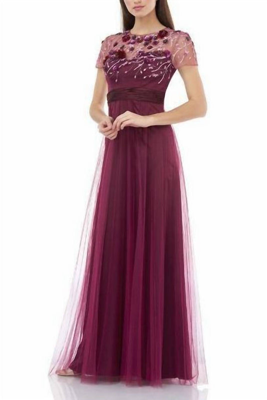 Js Collections - Short Sleeve Embellished Bodice Mesh Gown