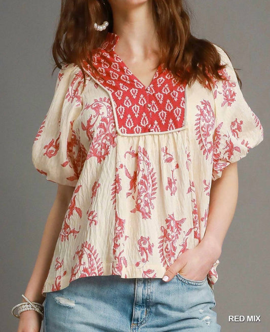Umgee - Mixed Print Red Boho Top