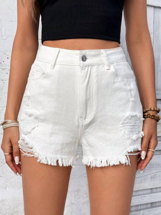 Trendsi - Distressed High Rise Denim Shorts