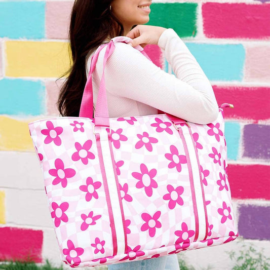 Katydid - Flowers Checkered Pattern Beach Tote Bags