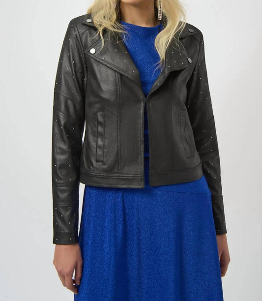 Joseph Ribkoff - Embellished Faux Leather Moto Jacket