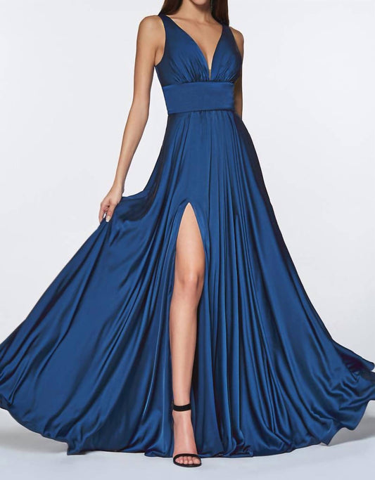 Ladivine - Long Satin A-line Dress With Slit