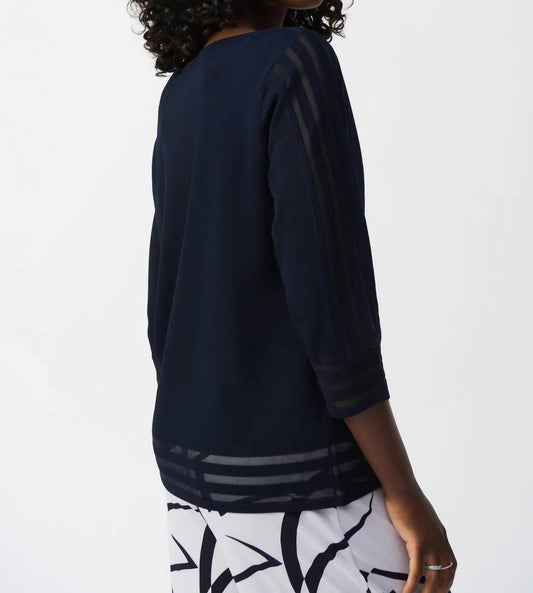 Joseph Ribkoff - Boat Neck Mesh Details Quarter Sleeves Sweater Top