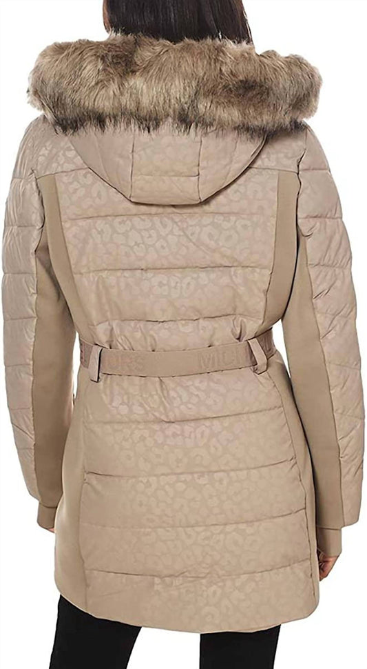 Logo Leopard Belted Hood Puffer Coat