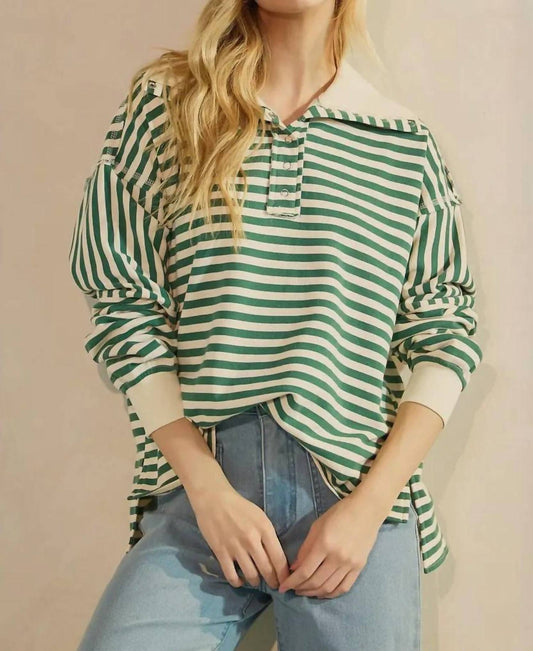 Mittoshop - Striped Print Oversized Henley Collared Pullover