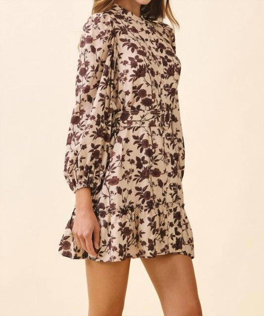 Tcec - Long Sleeve Floral High Neck Belted Dress