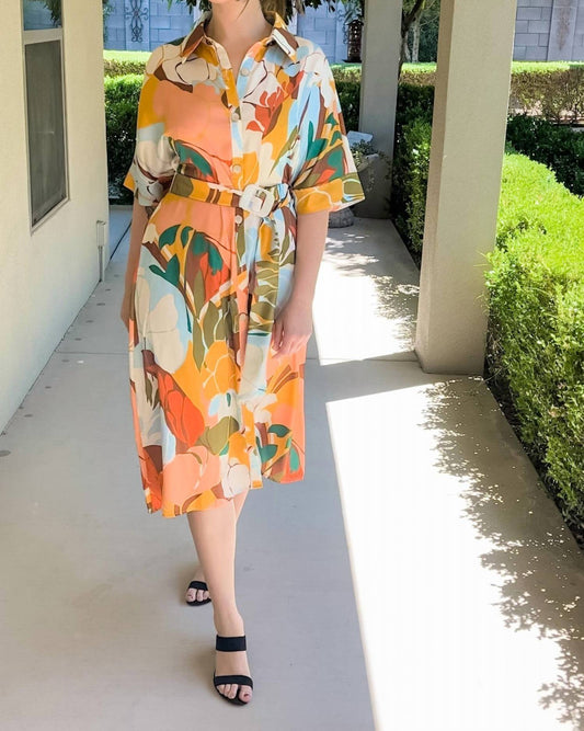 Pink Ripple - Abstract Print Midi Shirt Dress