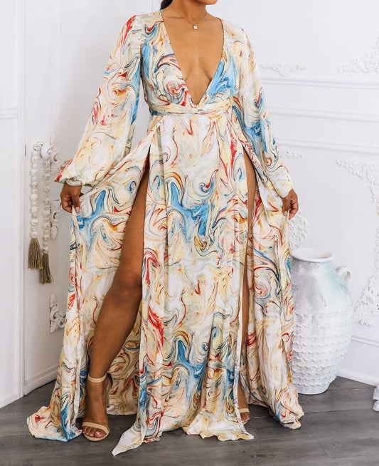 Surelymine - Marble Swirl Kimono Maxi Dress With Slits Boho Resort Style