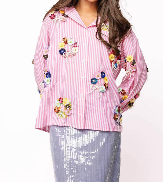 Queen Of Sparkles - Women's Sequin Flower Wreath Cotton Button Up Top