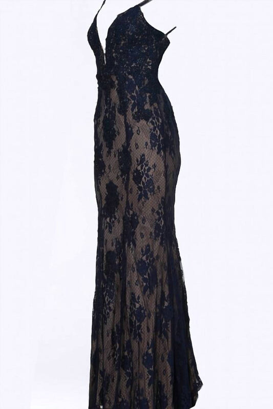 Jvn - Lace Deep V-Neck Trumpet Dress