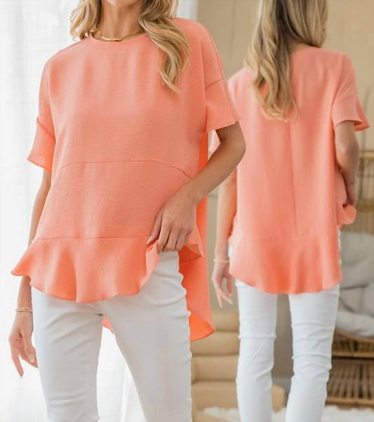 Sew In Love - Coral Round Neck Ruffle Hem Top