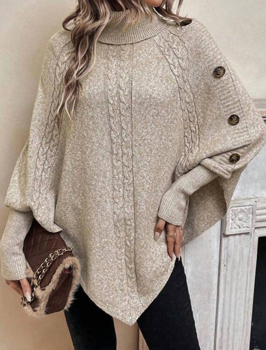 Masyal - Cable Knit Button-Accent Poncho Sweater