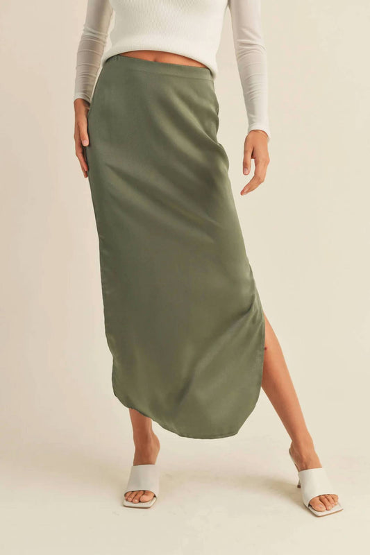 Miou Muse - Satin Side Slit Midi Skirt